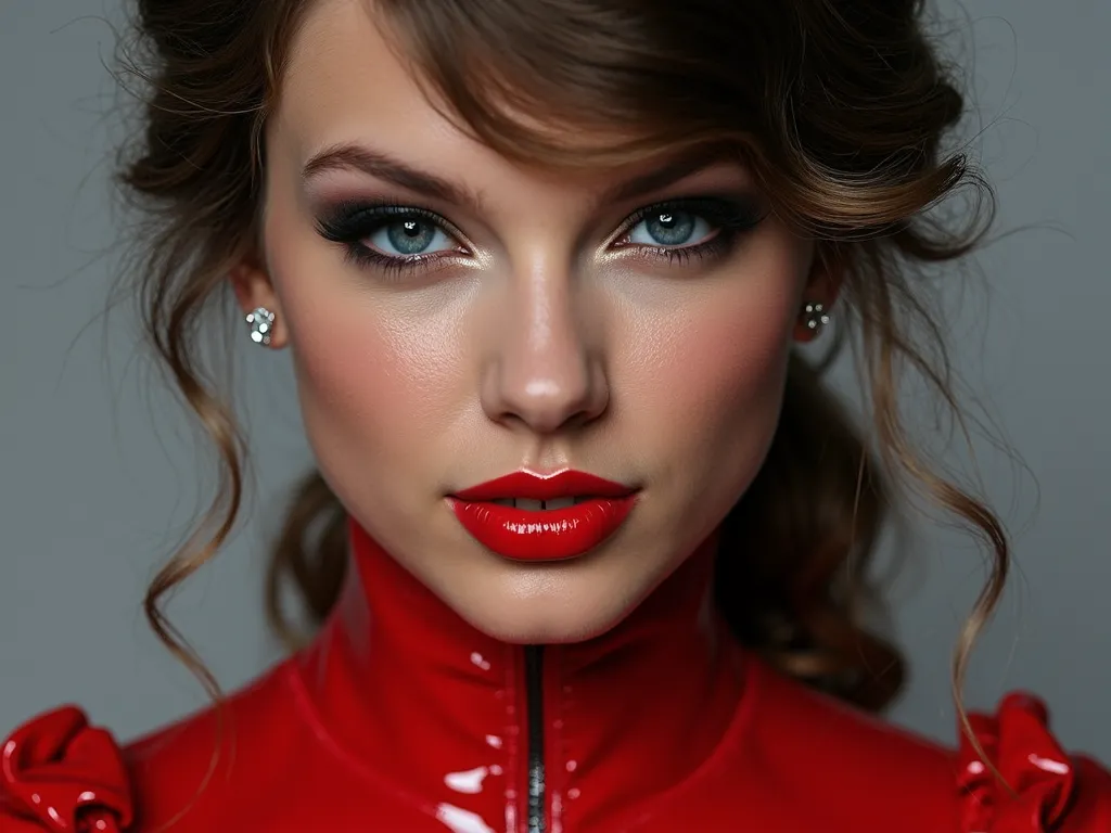 extremely glossy red lips, latex outfit, latex rubber bridal dress, portrait of face and chest