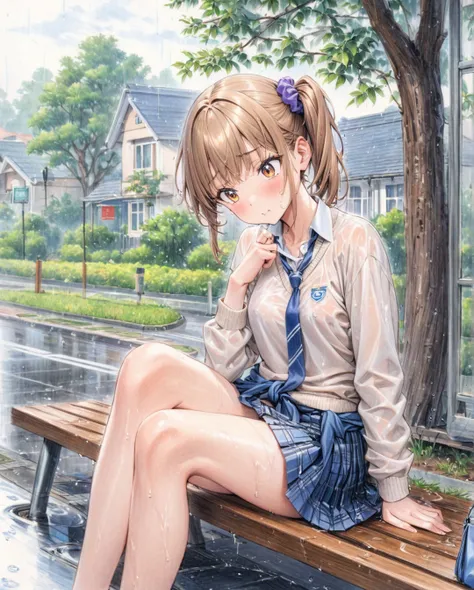 (( style:Colored pencil, Light color)), ( masterpiece:1.2), (Ultra-detailed, best quality), A beautiful anime-style girl with light brown hair tied in a side ponytail, secured with a purple scrunchie, sits on a wet outdoor bench. She has golden brown eyes,...