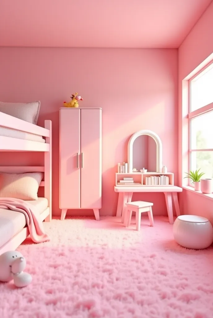 Can u generate a picture of a bedroom false ceiling baby pink wall and a bunk bed dressing table with a glowing mirror and a wedrobe with a study table too and floor a fluffy pink carpet