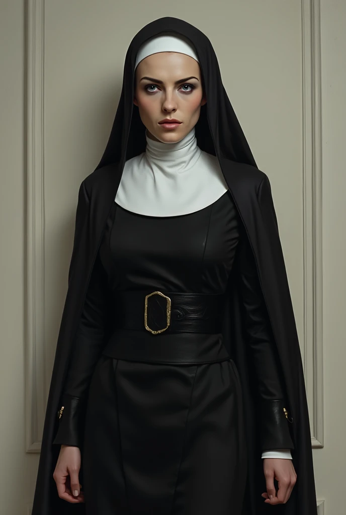 elizabeth dressed as a nun, front view, looking at viewer, provocative, fully dressed, covered up