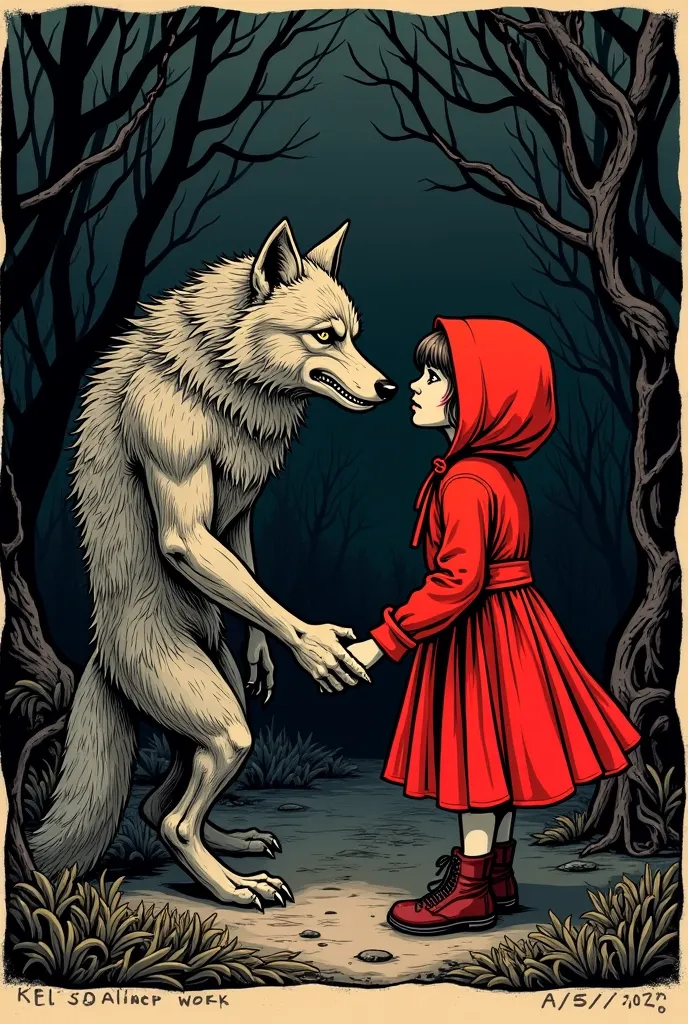 woodcut of a cynical and ironic rogue wolf, womanizer, flirting with Little Red Riding Hood