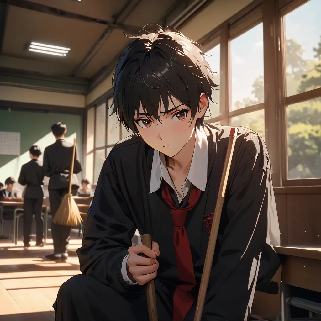 Masterpiece, solo, male, 1 man, 18 years old, 5 fingers, 5 fignered, strong, brown eyes, asian style haircut, black hair, black school uniform, red tie, holding a broom, bored, sweeping, in the background a classroom, in the afternoon, sfx, detailed, high ...