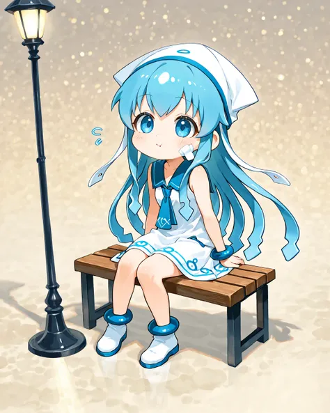  1 girl,  chibi, Alone, ikasumume, white dress, blue hair, blue eyes, blue bracelet, Squid hat, tentacle hair, blue trim on clothes
 BREAK
(A Lone Figure Under a Streetlamp), A small port town by the sea、A street lamp that lights up quietly in the silence ...