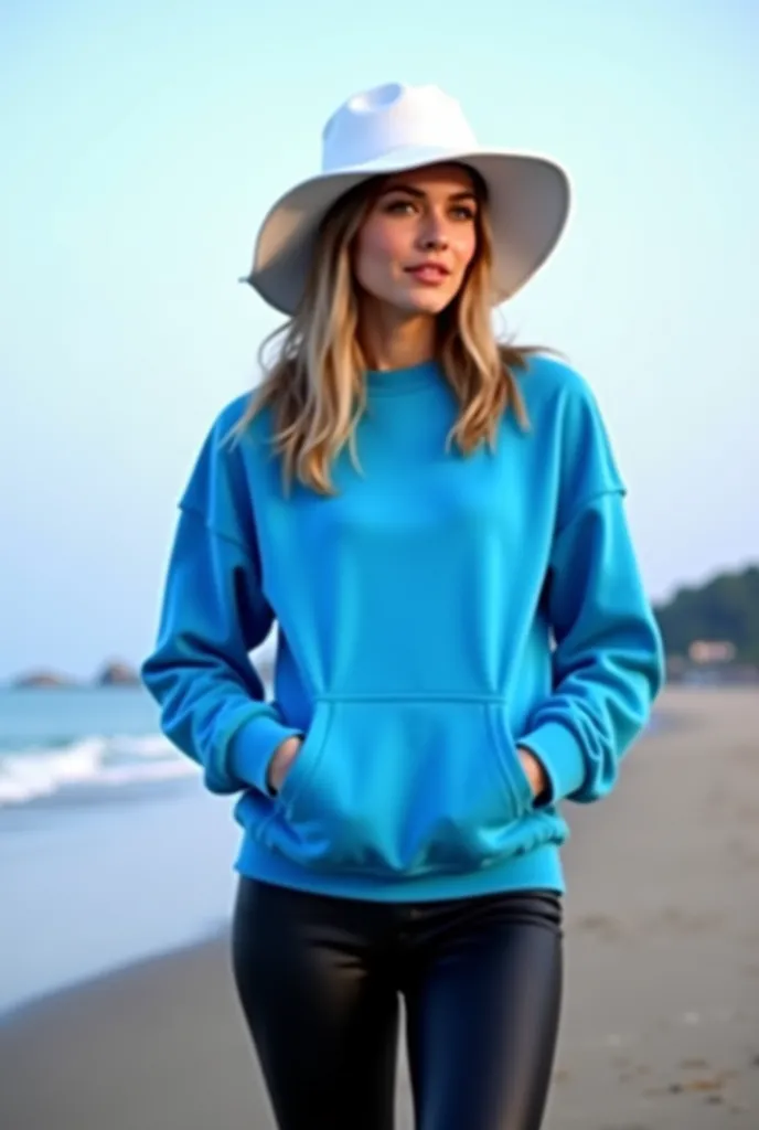 arafed woman in a blue sweatshirt and black leggings standing on a beach, outfit photo, blue outfit, y2k style, y 2 k style, standing near the beach, blue sweater, cold as ice! 🧊, standing at the beach, cute sportswear, wearing a fisher 🧥, wearing a neon b...