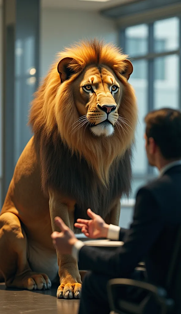 A LION INSIDE AN OFFICE, MENTORING A COMPANY MANAGER