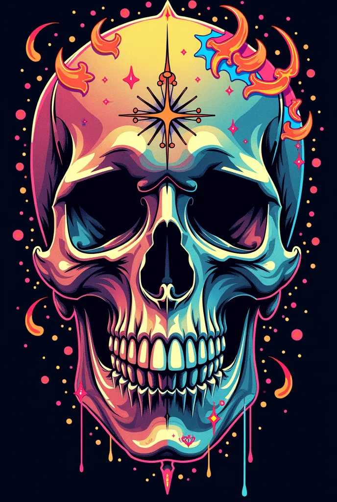 a close up of a t - shirt with a skull on it, vector art inspired by I Ketut Soki, behance contest winner, toyism, tribal psychedelic, tshirt design, multicolored tshirt art, t - shirt design, t-shirt design, style alex gray, t shirt design, heavy metal ts...