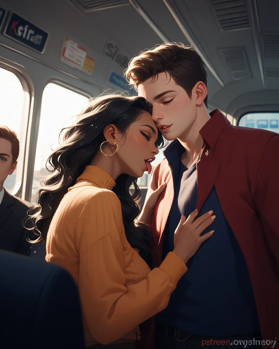 1 young  darskin long black  hair girl and 2boy , in the crowded subway,
holding , touching, white hair, grabbing ass, night face, wet nightgown , tongue kissing , hugging tightly