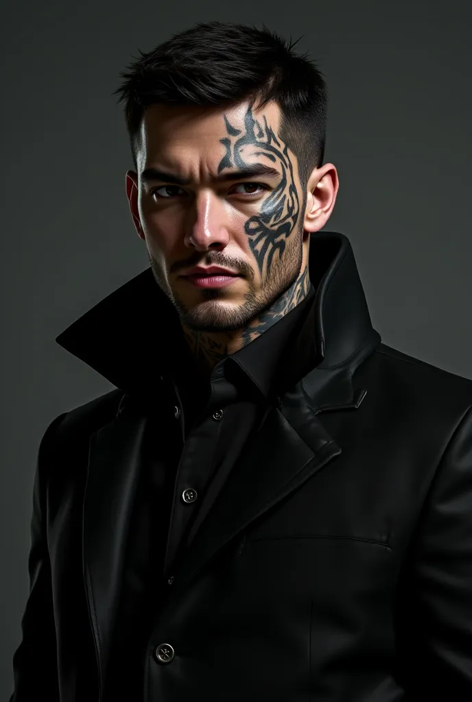 A man with a marked jaw, Tall half mysterious, black clothes, n so old not so young on average about 30 years,  with a scar on his face, tattooed 
