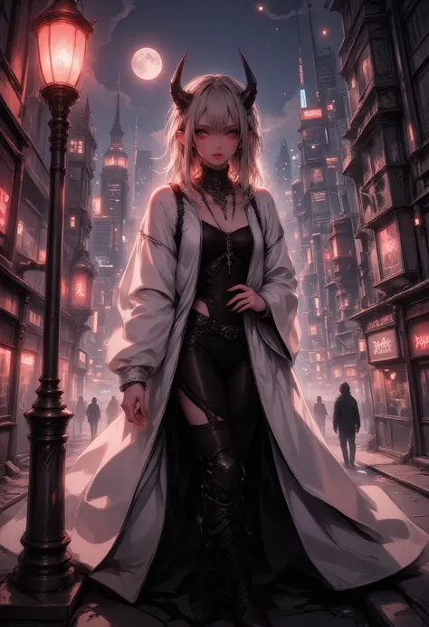 masterpiece, absurdres, incredibly absurdres, best quality, comic art, fantasy art, a portrait of a mysterious demoness standing under the streetlamp lit by soft starlight, in the big city, a beautiful demoness, elegant demoness, red skin, serpentine black...