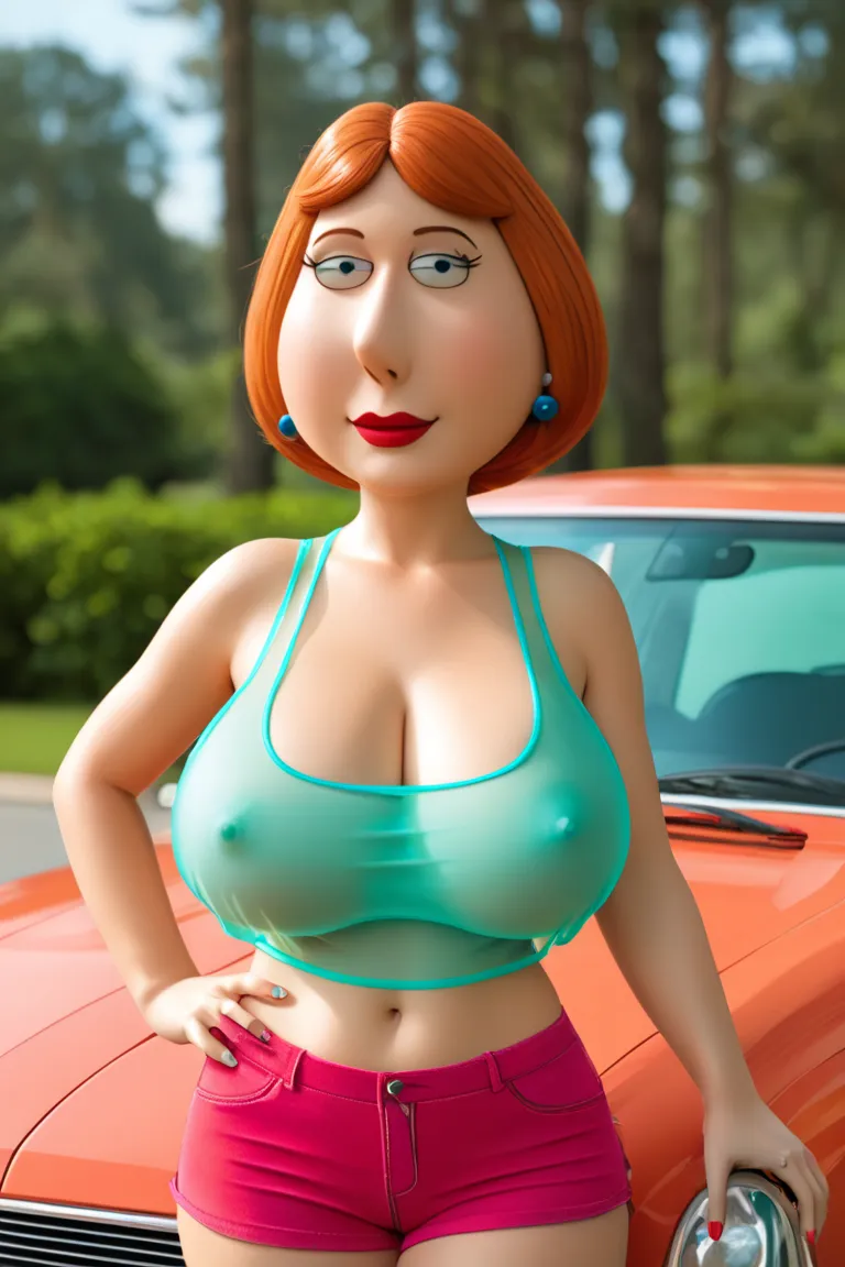 Full body shot, large full natural breasts, curvy thick body, beautiful, Lois Griffin, skimpy transparent tank top, short transparent shorts, no shoes, bent over her car washing it