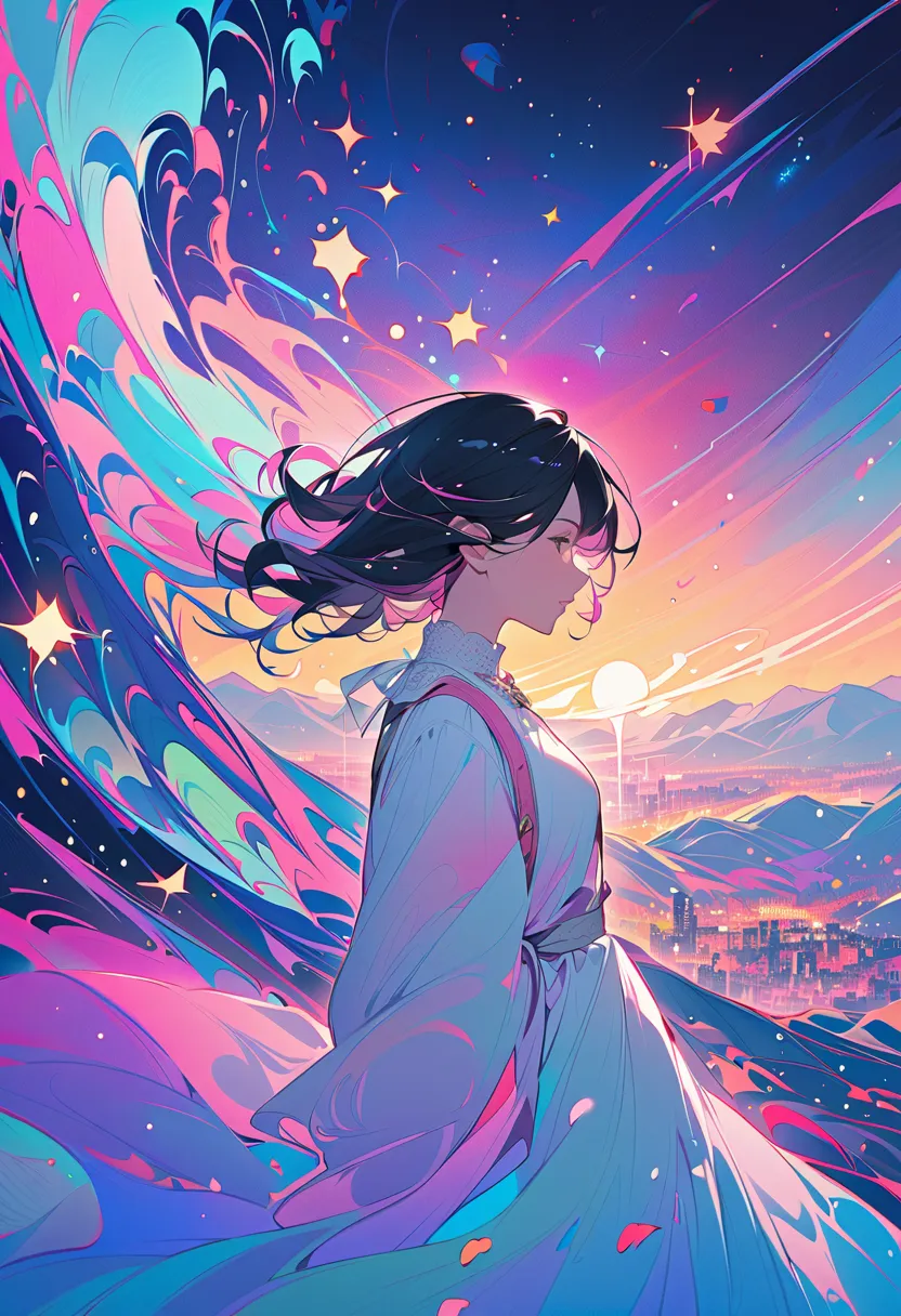 The image shows an artistic side profile of a person with short, wavy black hair adorned with small stars. The background is a dreamy night sky filled with sparkling stars and cosmic colors, transitioning from deep blues to lighter, more luminous tones. Th...