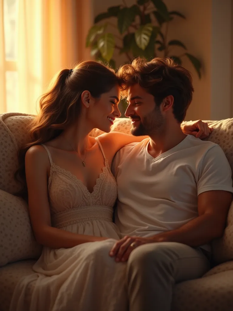 A beautiful woman sitting on the couch with her husband 