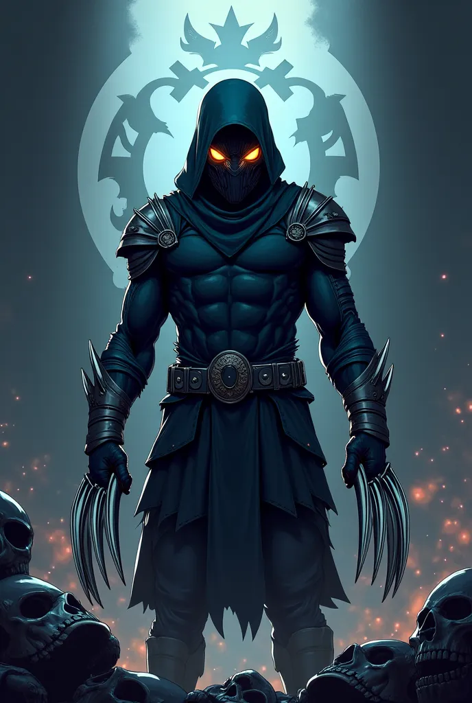 "A cartoon of a masked warrior with sharp metallic claws and glowing eyes in the dark. Background features a silhouette of skulls and a military crest. A fierce and intimidating design."