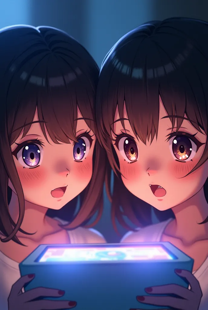  Two young girls , Almost adults, Close to the screen with the faces of naughty anime-style girls