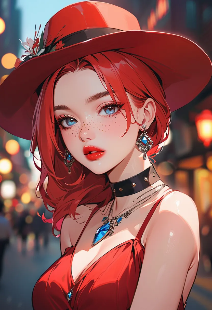 1girl, jewelry, solo, earrings, red_headwear, blue_eyes, red_dress, dress, hat, red_hair, red_lips, necklace, blurry_background, looking_at_viewer, gem, breasts, blurry, choker, freckles, bare_shoulders