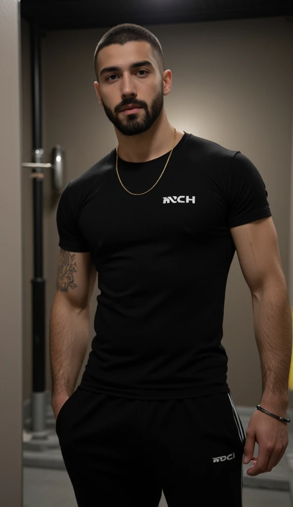 a handsome young turkish guy with muscle, dark buzzcut short hair fade and  beard  he wearing a black tshirt and a  black joggerpants and a thin gold chain he is in front of a mirror he is in a gym changingroom Amateur photo random picture and location is ...