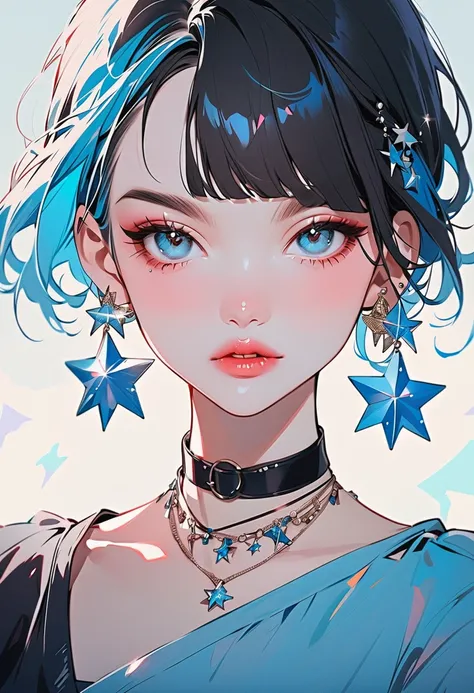 anime beauty pic of woman wearing star jewelry with blue eyes and blue hair, 1girl, jewelry, blue eyes, solo, earrings, star (symbol), blue hair, looking at viewer, necklace, multicolored hair, star earrings, bangs, black hair