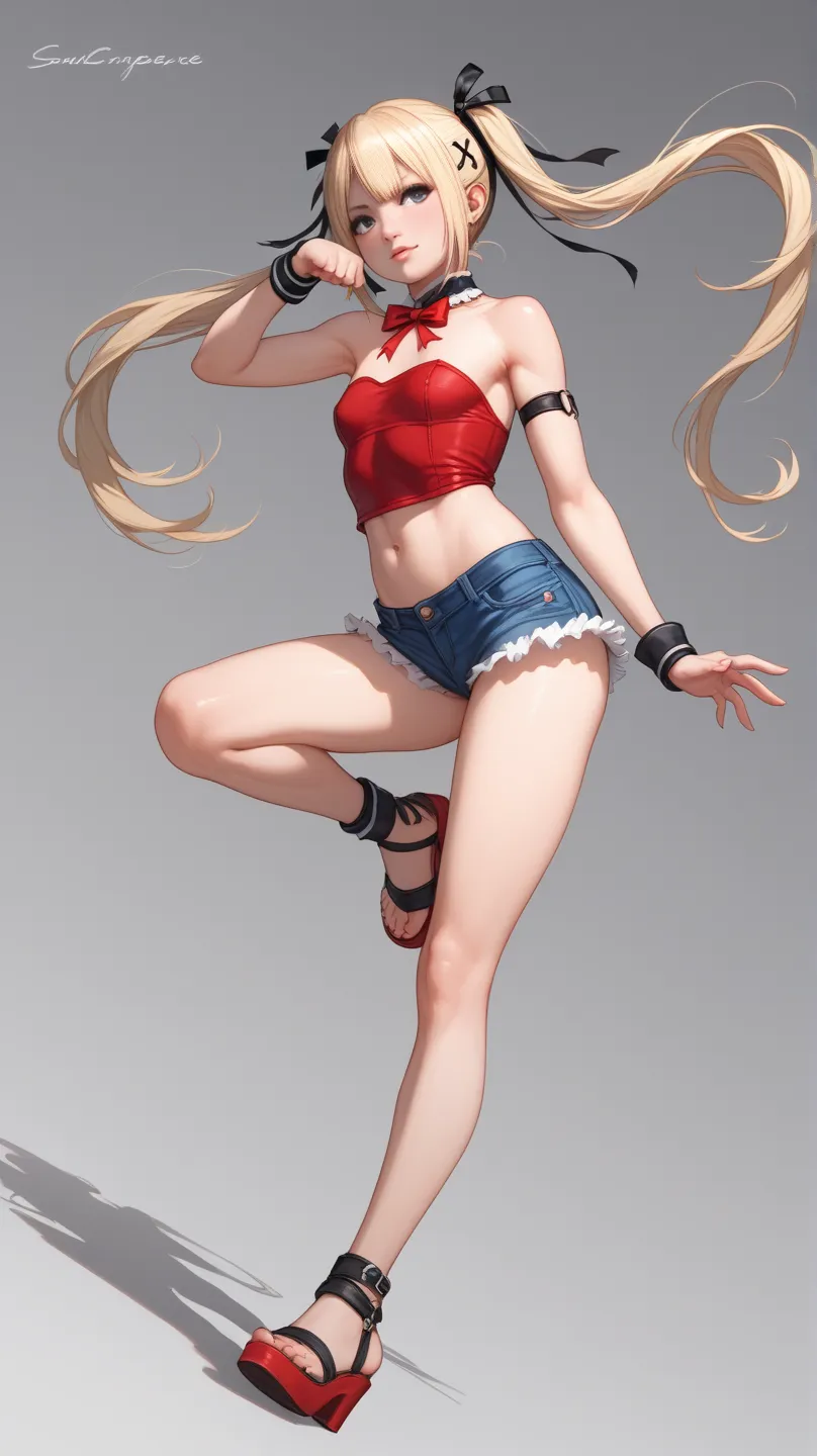 (masterpiece, of the highest quality), Marie Rose, A beautiful woman with striking features, blue eyes, yellow hair with two pigtails, Dead or Alive. wearing a red strapless tank top with an exposed belly, wearing a red miniskirt, wearing white sandals, Fr...