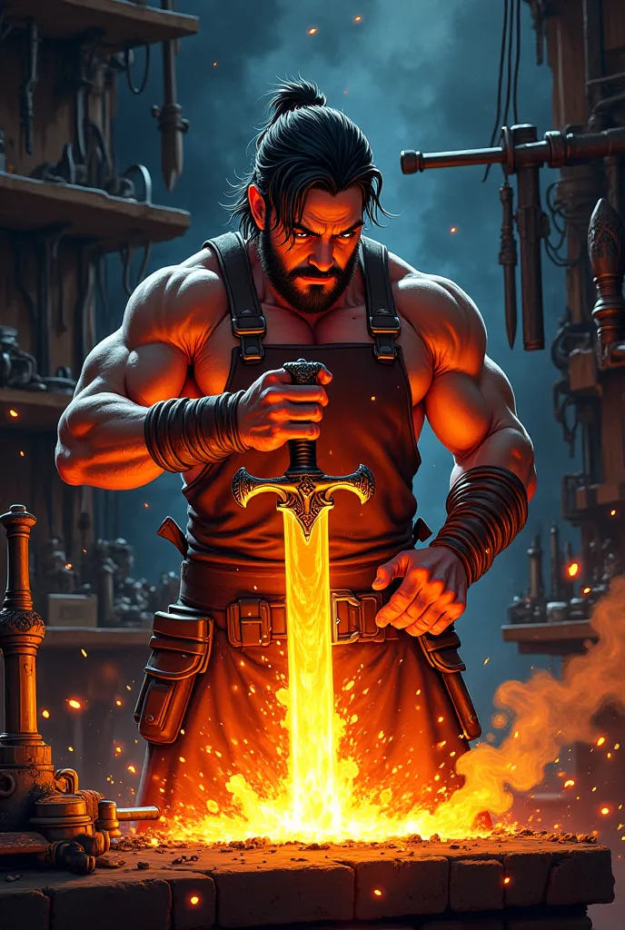 anime style, Blacksmith forging a sword