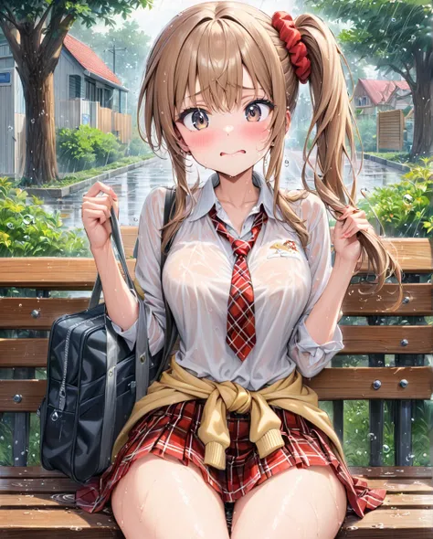 (( style:Colored pencil, Light color)), ( masterpiece:1.2), (Ultra-detailed, best quality), A beautiful anime-style girl with light brown hair in a side ponytail and held up with a red scrunchie is sitting on a park bench. It is raining. She has black eyes...