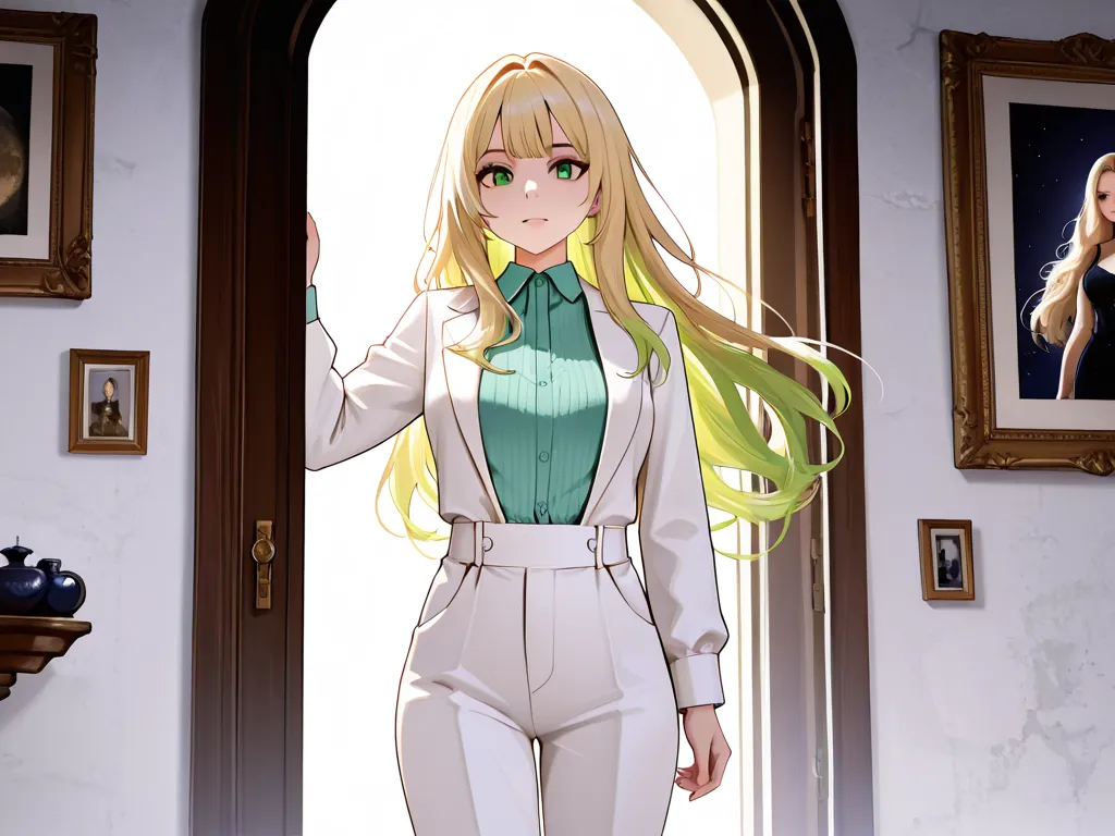 Blonde woman with green eyes, long hair,and bangs on the left,with giant tits ,dressing a white suit and in the background you can see the moon