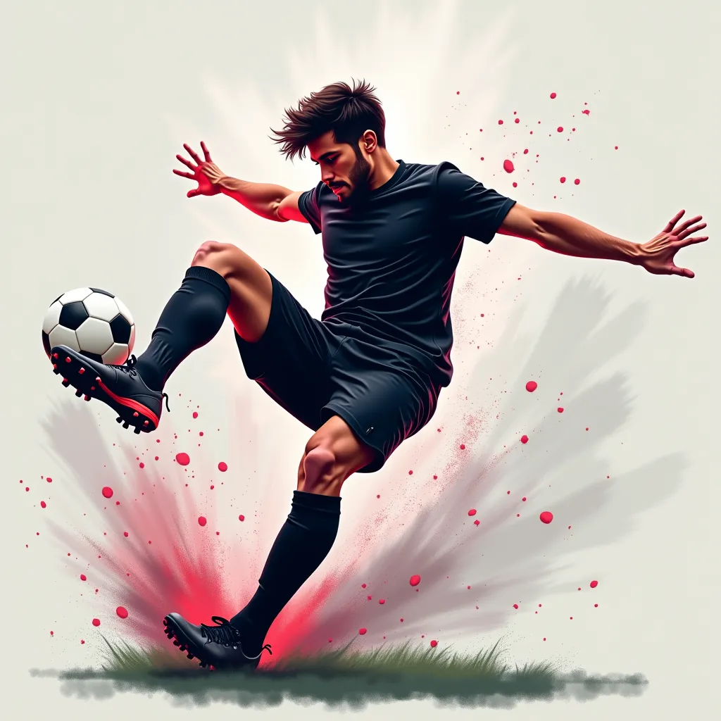 Illustration of a soccer player with a black t-shirt, black pants and half black, in the middle of a kick, capturing the intensity and movement of the game., with exaggerated movement and vibrant colors between gray, rosa and black.