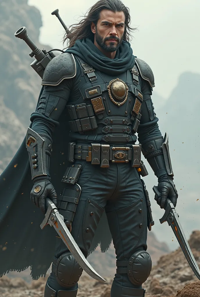 A army guy with long hair with no beard with an sci fi army suit with holding swords in both arms while carrying a gun in the back