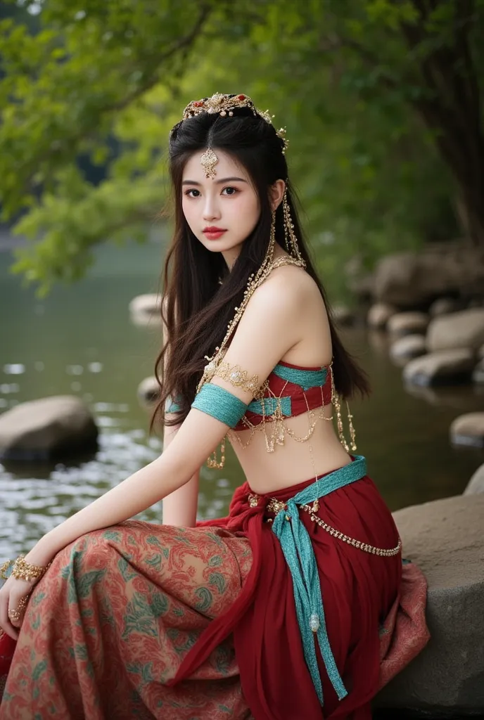 The image is a portrait of a young woman sitting on a rock by a river. She is wearing a traditional Indian outfit with a red and blue color scheme. The outfit is adorned with gold jewelry and a flower crown on her head. The woman has long dark hair and is ...