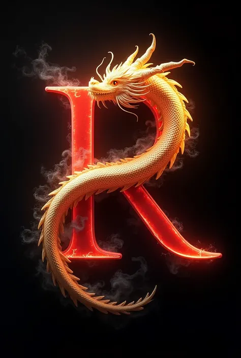 an image with a black background and the letter R red and an animated golden and white dragon 