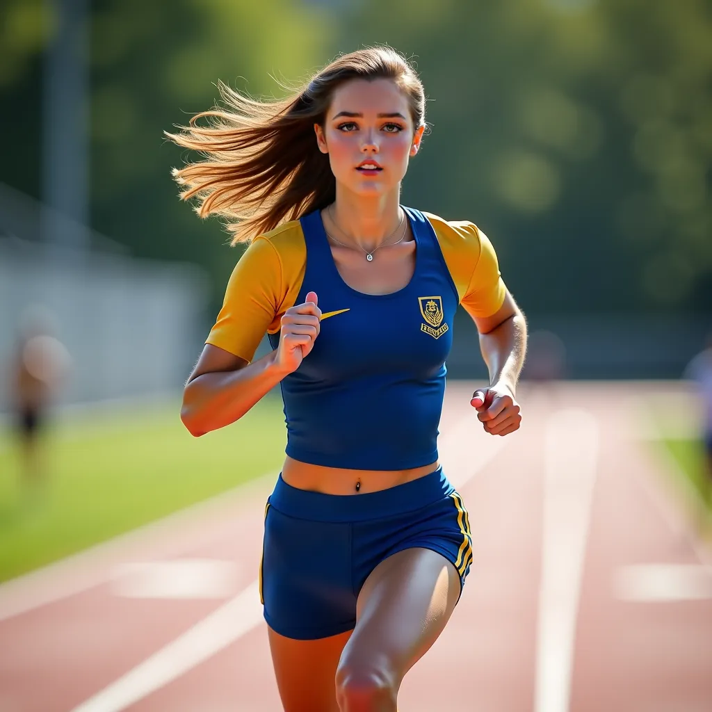 (best quality,4k,8k,highres,masterpiece:1.2),ultra-detailed, 1girl, Celtic Goddess Epona as a college student, jennao, Chestnut Brown hair, Hazel eyes, wearing blue track top with gold sleeves and blue thigh length track shorts with gold stripes, sprinting...