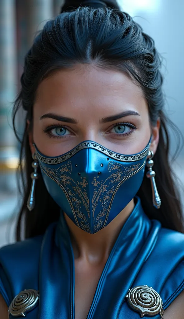 Here is a detailed prompt to generate an image **hyperrealistic** by Gal Gadot as ****, focused **only on the face**, with a blue mask and silver details, e um cenário de fundo hyperrealistic: --- **"Close-up hiper-realista do rosto by Gal Gadot as , the w...