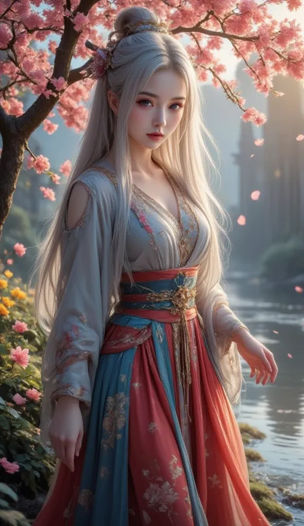 An ancient Chinese beauty with silver hair and red eyes, charming temperament, flowing long skirt, clear face, beautiful eyes, walking along a steam with spring flowers in blue, yellow, red tones in the background, perfect body structure proportional maste...