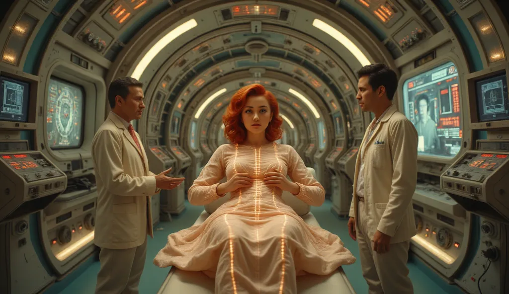 A futuristic 1950s-style laboratory, featuring curved chrome walls, neon-lit consoles, and retro-style computers with holographic displays. In the center, a young woman with fiery red hair and bright green eyes lies on an advanced operating table, wrapped ...