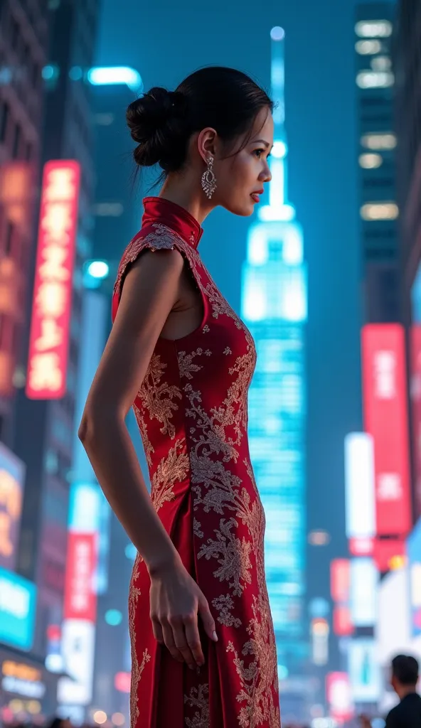 Real photos,  woman wearing a traditional qipao, elegant and poised, with intricate embroidery details. Her photo blends seamlessly with the Empire building, filled with neon lights, towering skyscrapers, and holographic billboards. The double exposure eff...