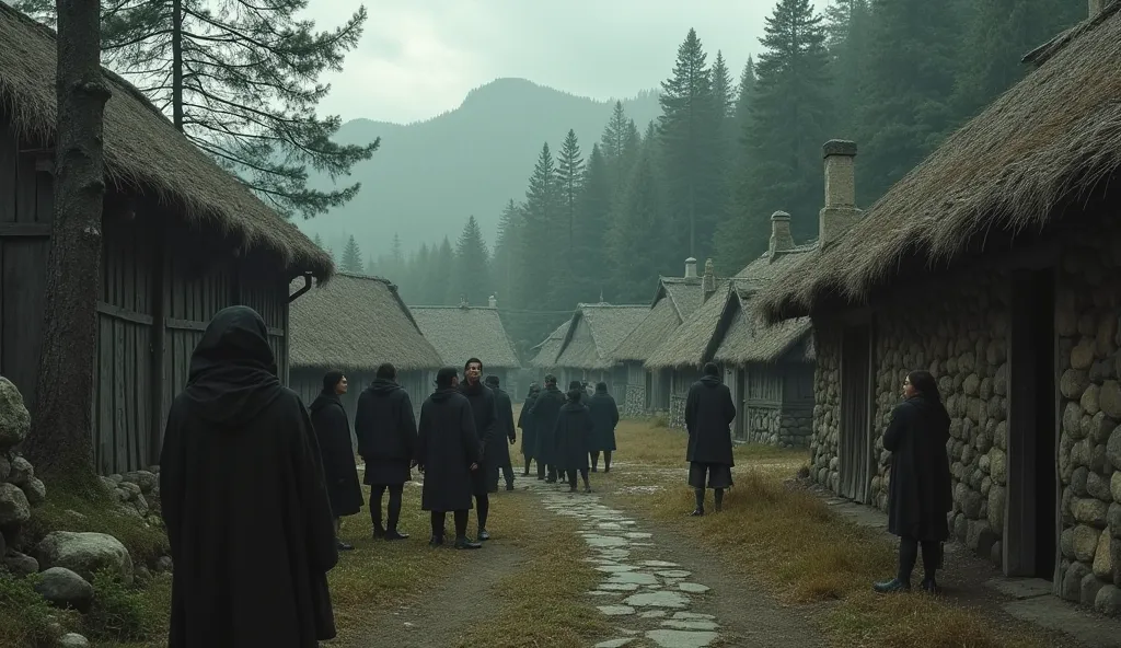 An isolated village at the edge of a forest, with rustic houses made of wood and stone. The villagers stand in groups, whispering to each other with fearful expressions, as if hiding something dark. The scene should feel tense and ominous.