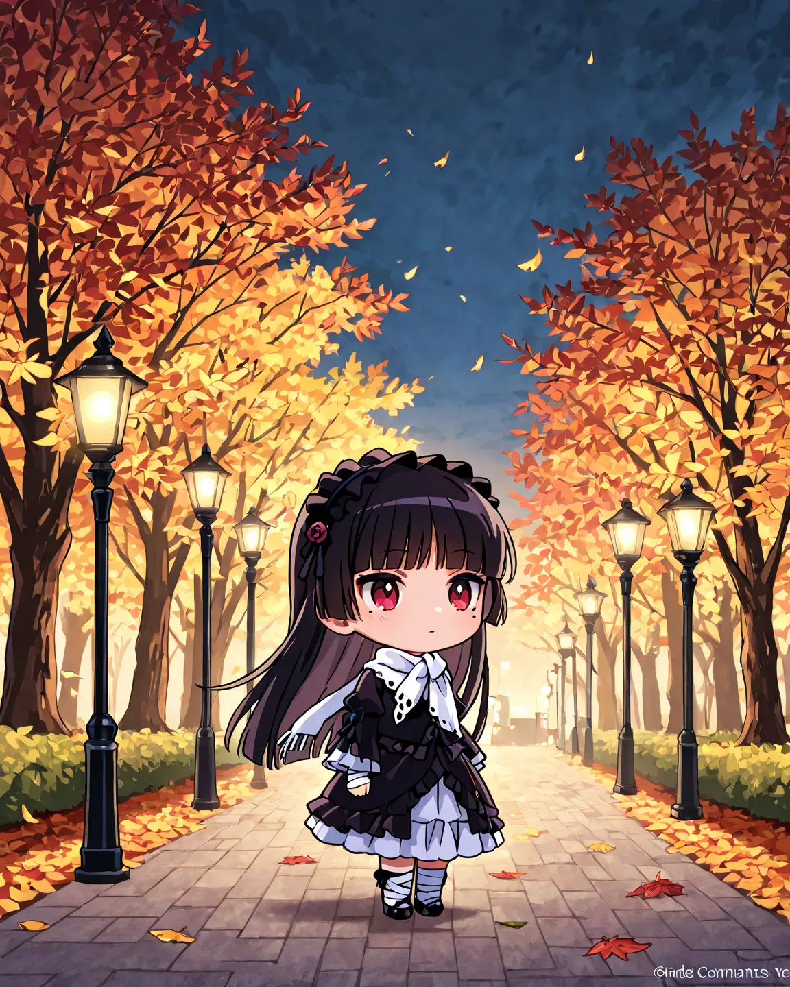  1 girl,  chibi, Alone, ruri gokou, hime cut, long hair, mole,  black hair, cut, red eyes, Gothic Lolita, dress, hair band 
 BREAK
(A Lone Figure Under a Streetlamp),  autumn dusk 、Quiet tree-lined street where dead leaves dance。A street lamp lights a warm...