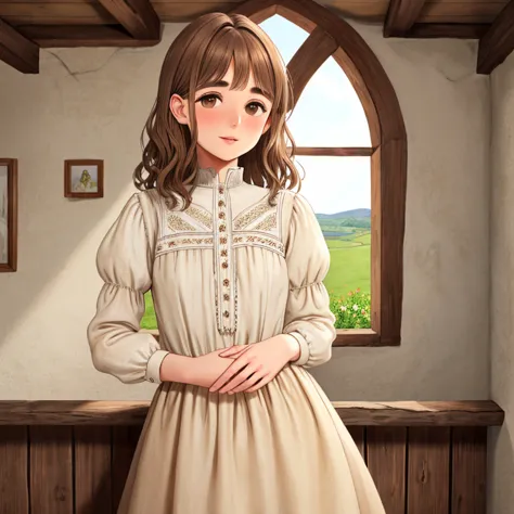 She can be seen from the alley of a small medieval settlement. Mirien, a young woman with delicate features, leans out of the window and looks out on the first floor of a medieval wooden house.

She has beautiful brown eyes and medium-length, straight brow...