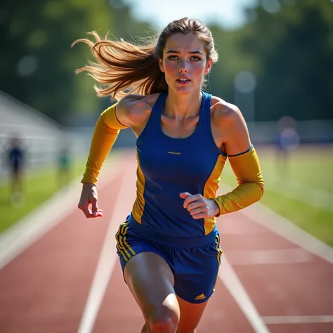 (best quality,4k,8k,highres,masterpiece:1.2),ultra-detailed, 1girl, Celtic Goddess Epona as a college student, jennao, Chestnut Brown hair, Hazel eyes, wearing blue track top with gold sleeves and blue thigh length track shorts with gold stripes, sprinting...