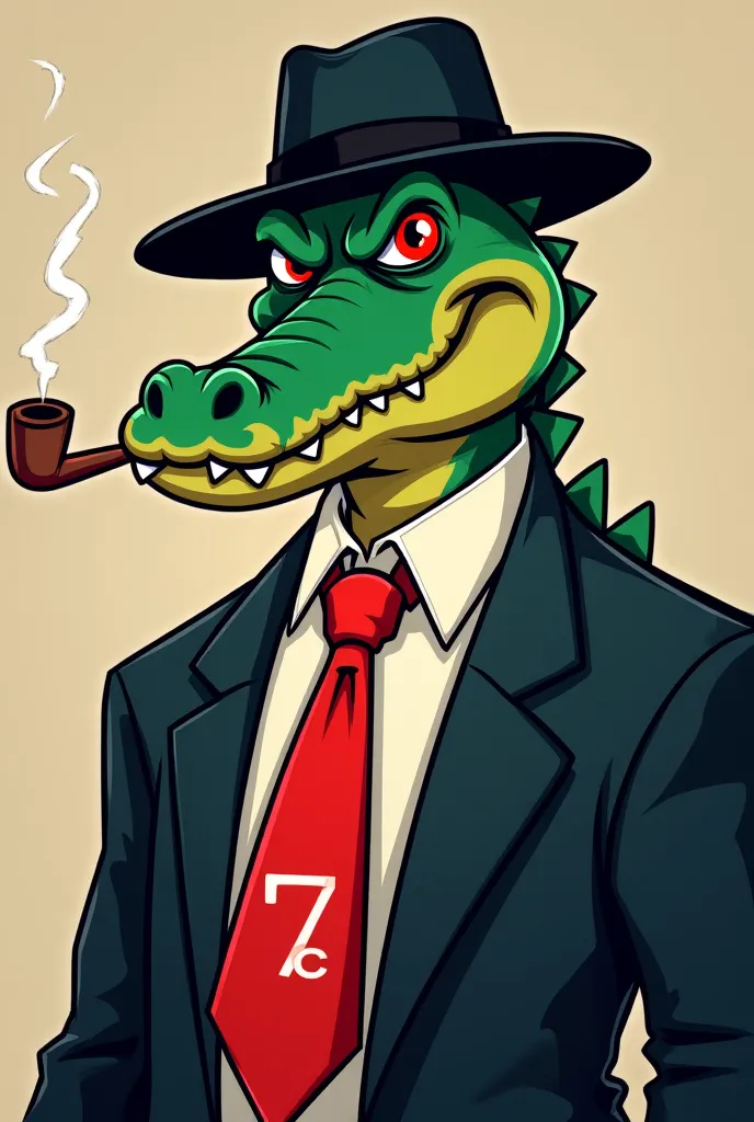 cartoon art image mafia crocodile , wear black hat and hold smoking pipe , wear red neck tie , words "7C" on the center of tie