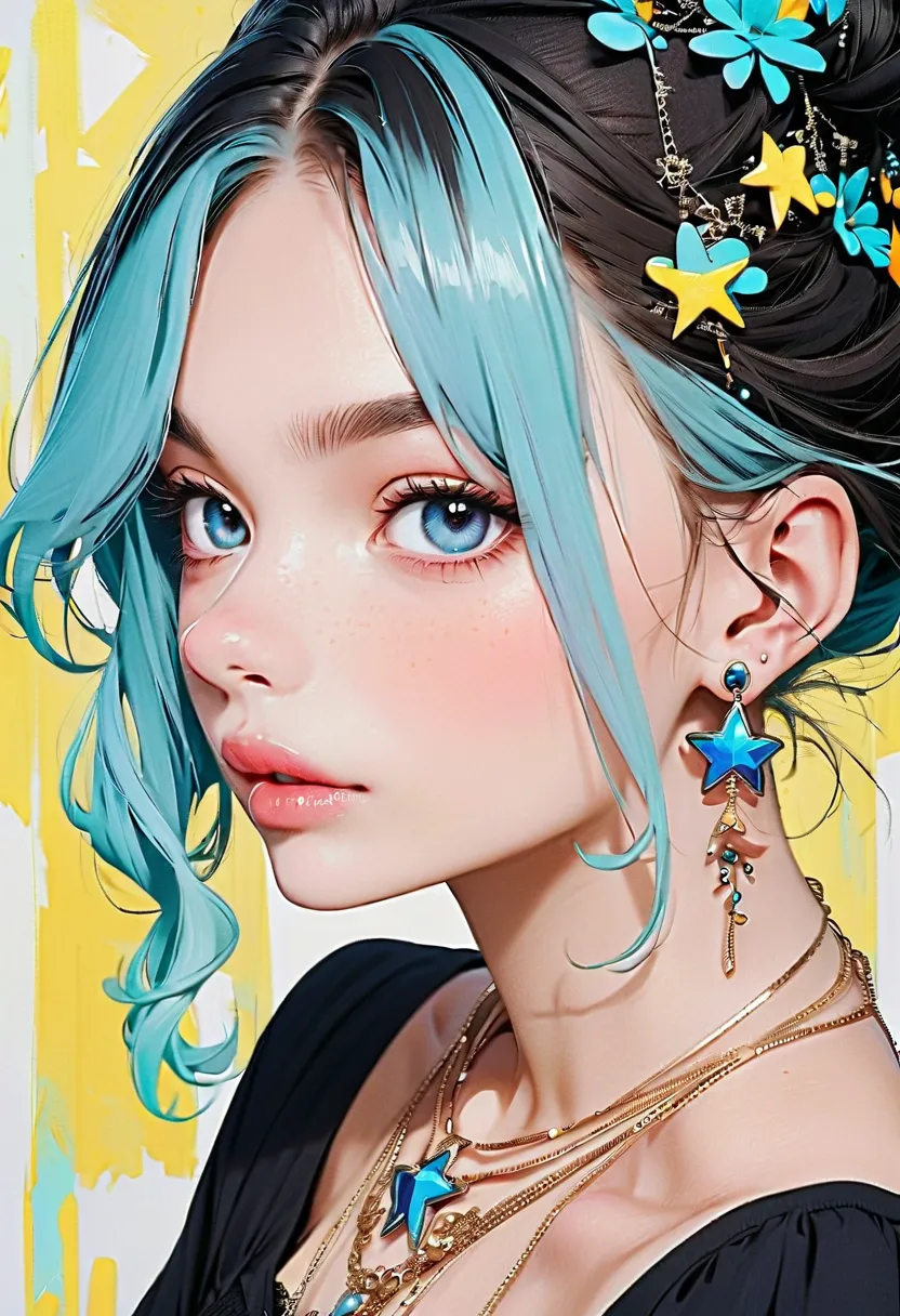 anime beauty pic of woman wearing star jewelry with blue eyes and blue hair, 1girl, jewelry, blue eyes, solo, earrings, star (symbol), blue hair, looking at viewer, necklace, multicolored hair, star earrings, bangs, black hair