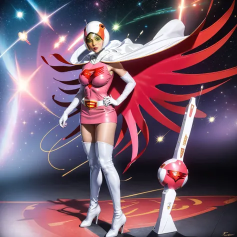 ANI_CLASSIC_jun_gatchaman_ownwaifu,1girl, ,good anatomy, masterpiece, best quality,realistic, hyperrealistic, 16k hdr,breasts,green eyes,lips,large breasts,lipstick,makeup,gloves,cape,helmet,belt,elbow gloves,white gloves,mask,ultra miniskirt,leotard,space...