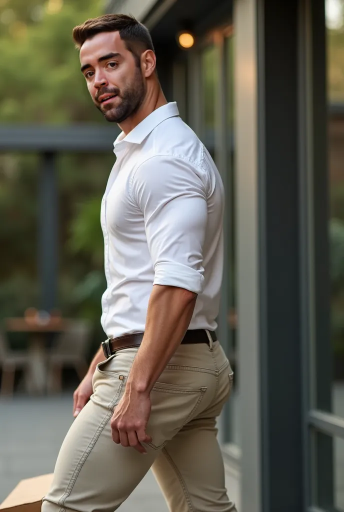 Fotografía realista, 35-year-old muscular (((atletic man))) , , View from below, nalgon de perfil, stripe white formal shirt and very tight light khaki jeans, brown belt, de perfil, Big butt, viendo a cámara, ojos negros, en el patio, hombre sexy, muy nalg...