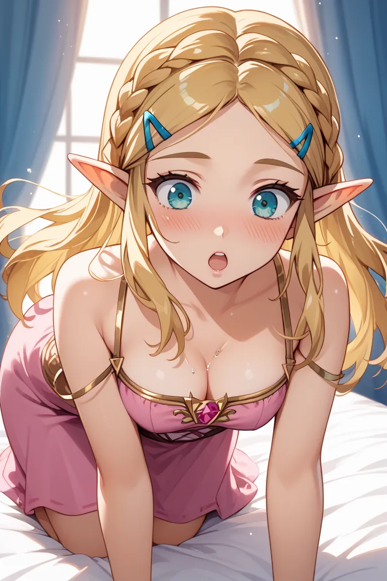 Princess Zelda、Alluring、front、on the bed、on all fours、blush、Love juice、Love juiceが大量、Lie down、put your head on the bed sheet、I'm raising my hips、Kamigami、 dress、 surprised face、 looking down 、