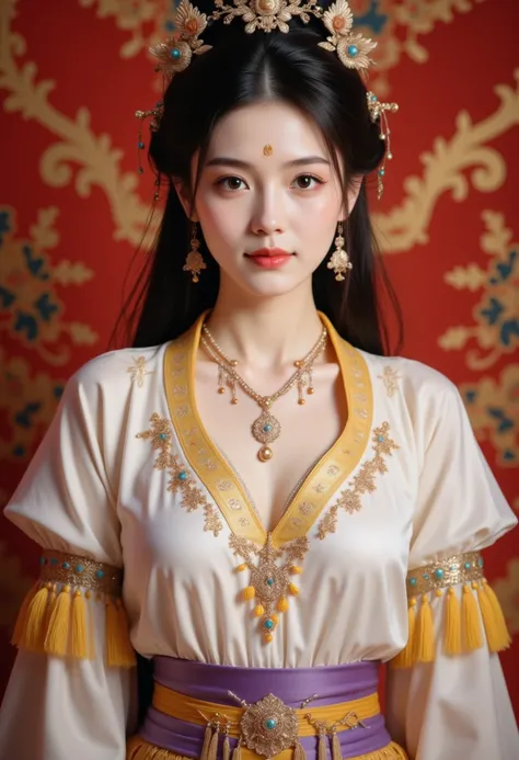 The image is a portrait of a young woman wearing a traditional Chinese dress. The dress is white with a yellow and purple color scheme. The bodice of the dress is decorated with intricate gold embroidery and the skirt is also decorated with yellow tassels....