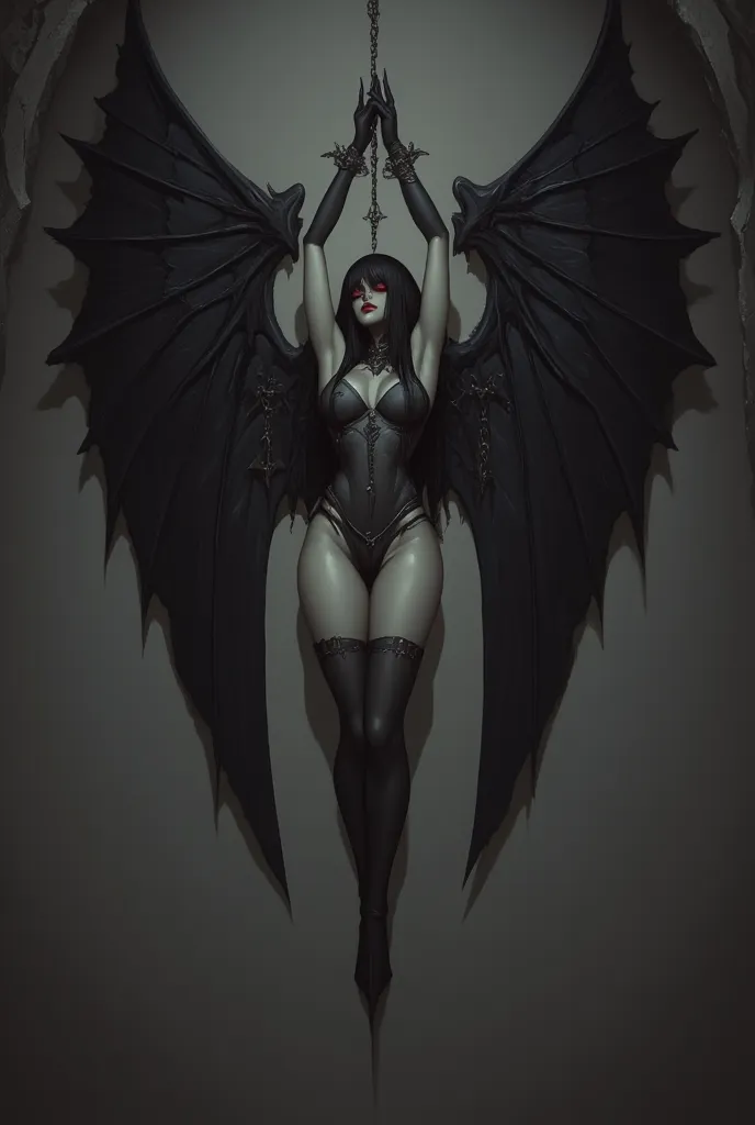  Woman, Fallen Angel, big black wings droopy, erguida ao alto pelos  arms chained, straight legs, body hanging ,  arms chained, Not high, naked, head down, dark look, empty expression,  crying,  dark environment, eyes glowing in red, 