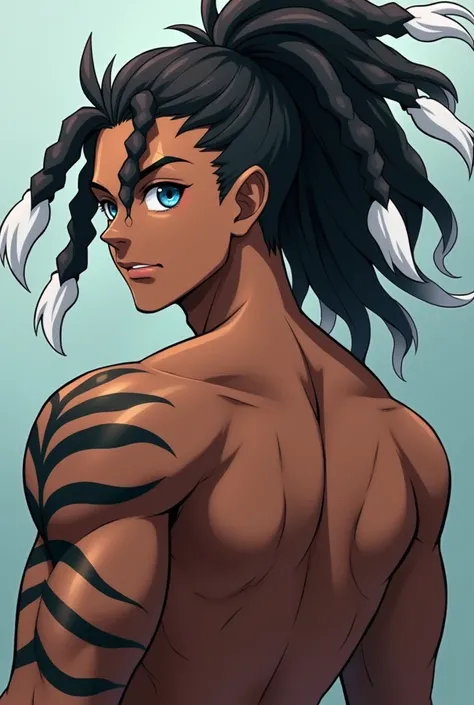 (ANIME) a young man who has dark skin with black dreads with white tips styled in a pony tail as well as gradient-colored eyes from blue to cyan. He is a bit taller than your average person, but his physique is well-developed in musculature from extensive ...