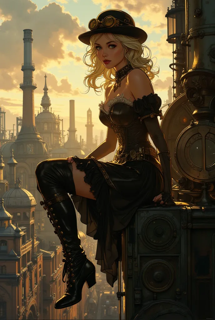 "Une jeune femme steampunk sexy assise sur le rebord d’un bâtiment industriel, dominant une vaste cité aux influences victoriennes. Elle porte une tenue élégante et détaillée : corset en cuir sombre, jupe courte avec dentelle et engrenages décoratifs, bas ...