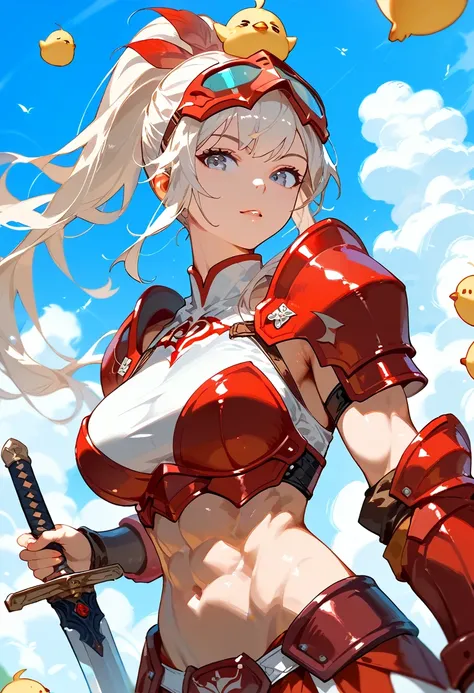 young woman worrior, muscular, large breasts, white long hair, ponytail, red armor, red dot on forhead and three markings on every chick, , erotic, sexy, dynamic angle, swords