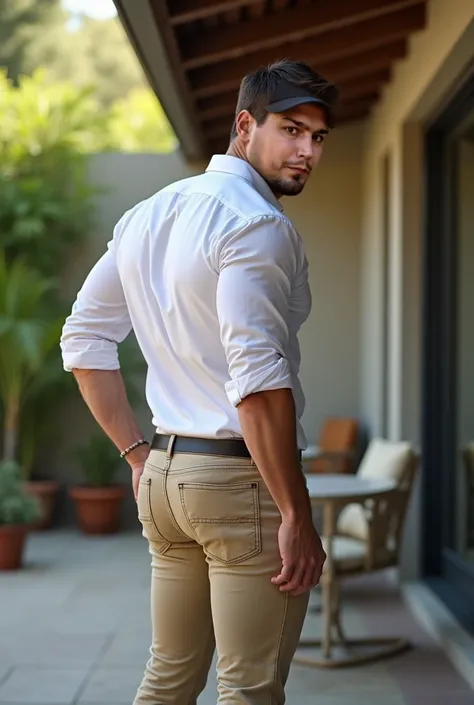 Fotografía realista, 35-year-old muscular (((atletic man))) , , View from below, nalgon de perfil, stripe white formal shirt and very tight light khaki jeans, brown belt, de perfil, Big butt, viendo a cámara, ojos negros, en el patio, hombre sexy, muy nalg...