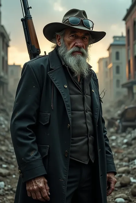 95-year-old man wearing a black military suit with a bullet vest, a shotgun on his back, reading glasses and a cowboy apocalypse survivor hat with a big beard